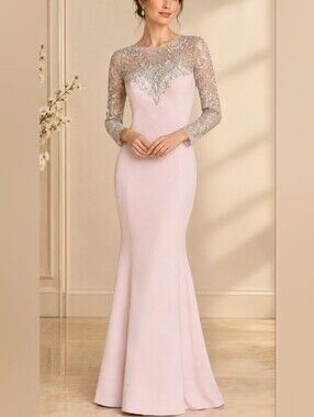 Marchesa Notte 95% Silk Crepe Embroidered Illusion Gown Blush Pink -Size 0